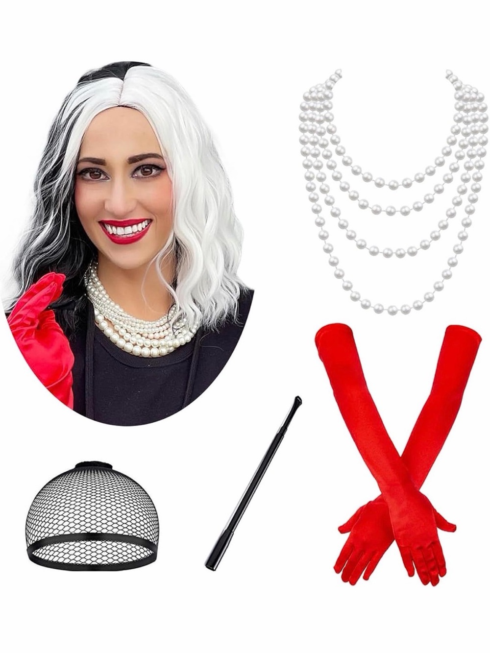 Cruella-Inspired Black & White Wig with Red Gloves and Pearl Necklace Set